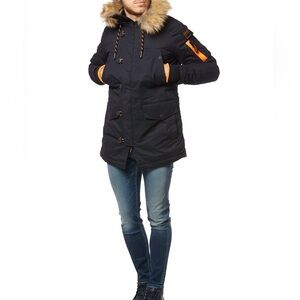 Superdry Microfibre The Parka Men coat Navy Blue and Orange Jacket Size S